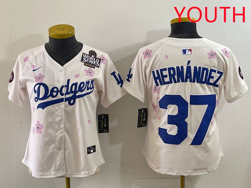 Youth Los Angeles Dodgers 37 Hernandez Cream Sakura Edition 2025 Nike MLB Jersey style 36